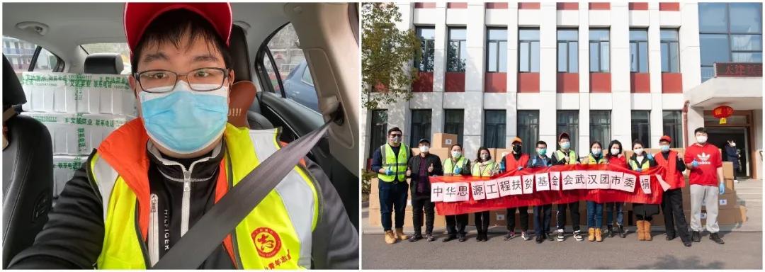 左圖：10輛轎車后座和后備箱堆滿了菜，出發(fā)送給社區(qū)；右圖：各位志愿者協(xié)助接收消毒防護(hù)物資